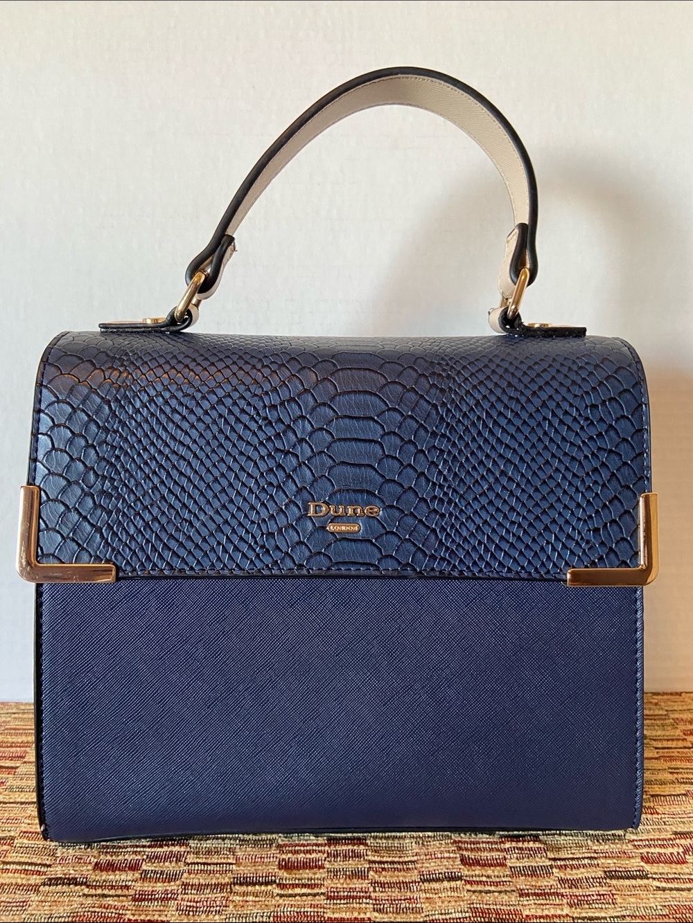 Dune London Navy Textured Top Handle Satchel with Gold Trim